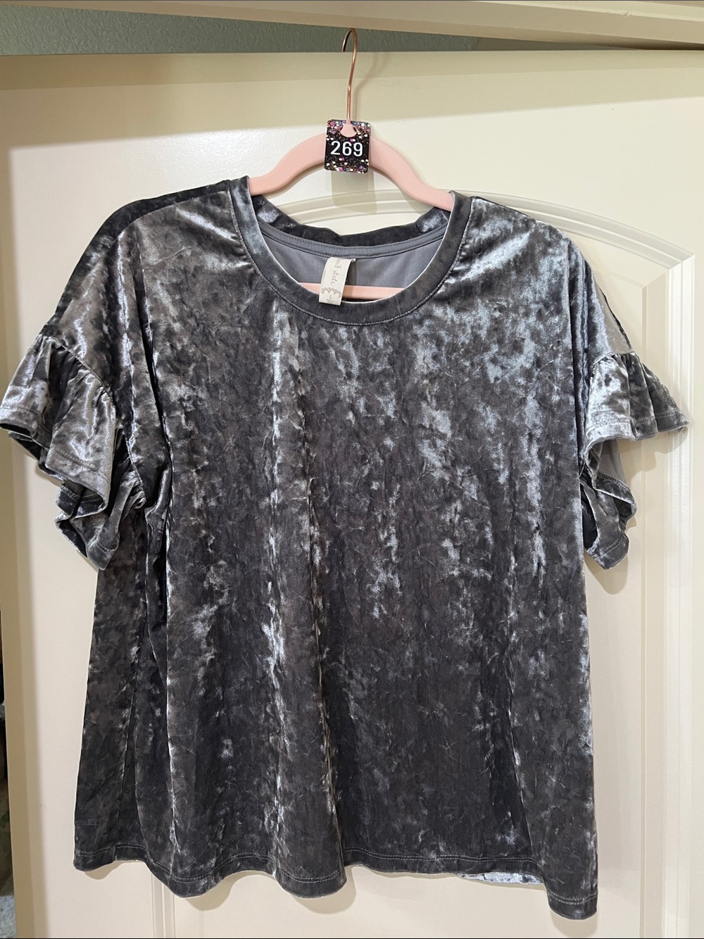 Altar'd State Gray Crushed Velvet Ruffle Sleeve H269